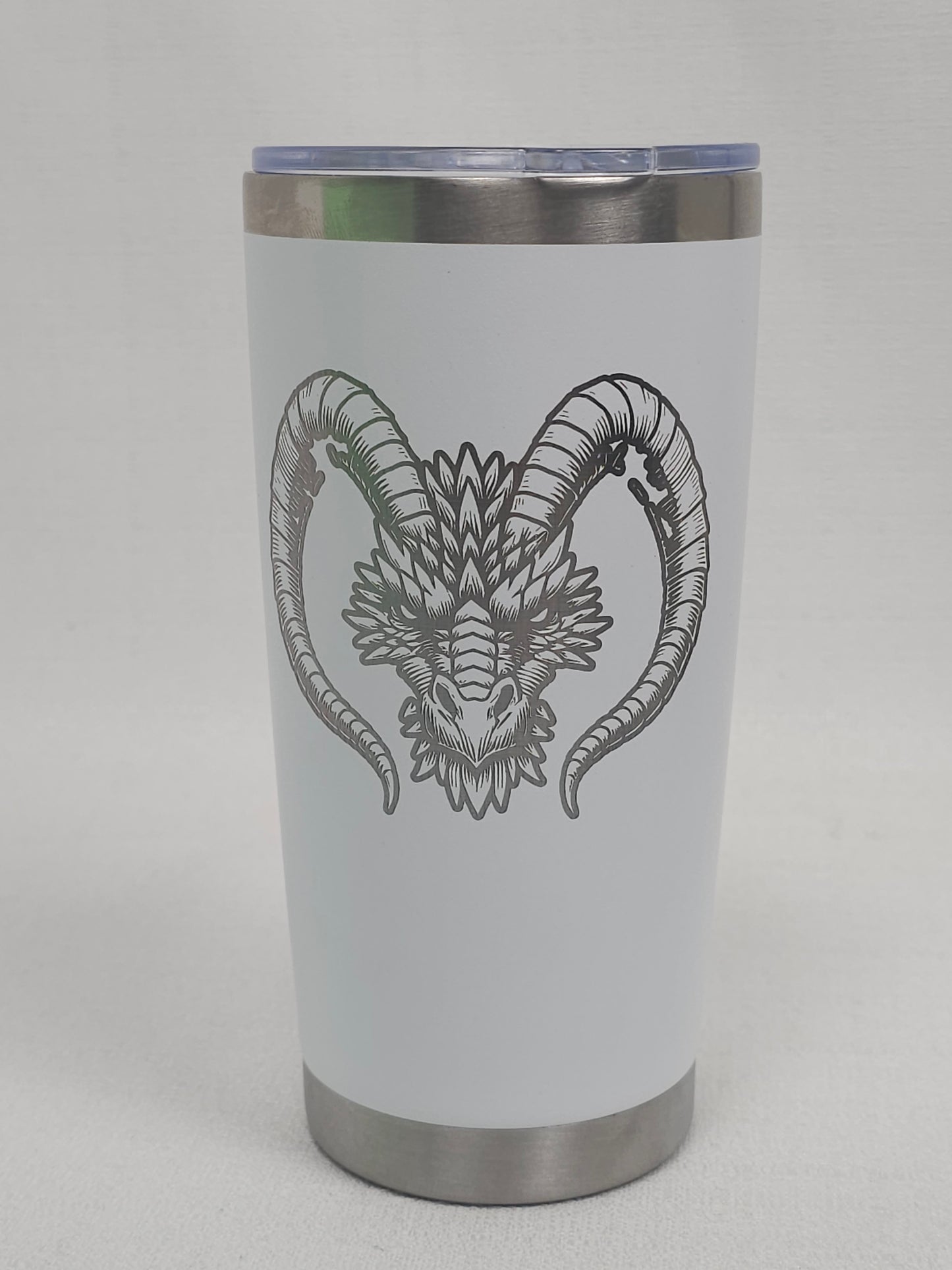 20 oz White Tumbler with Silver Dragon Head Design – Elegant Fantasy Drinkware
