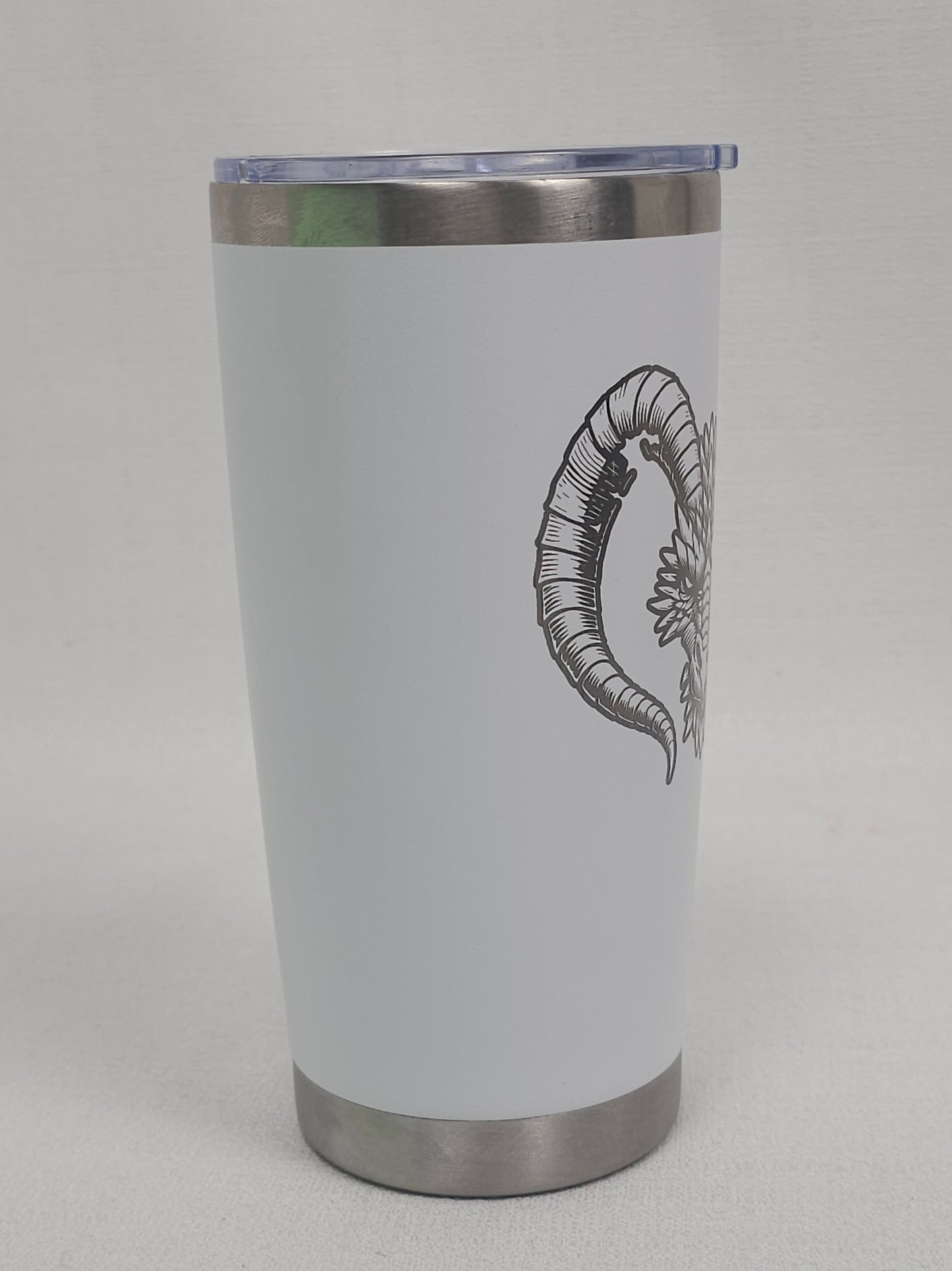 20 oz White Tumbler with Silver Dragon Head Design – Elegant Fantasy Drinkware