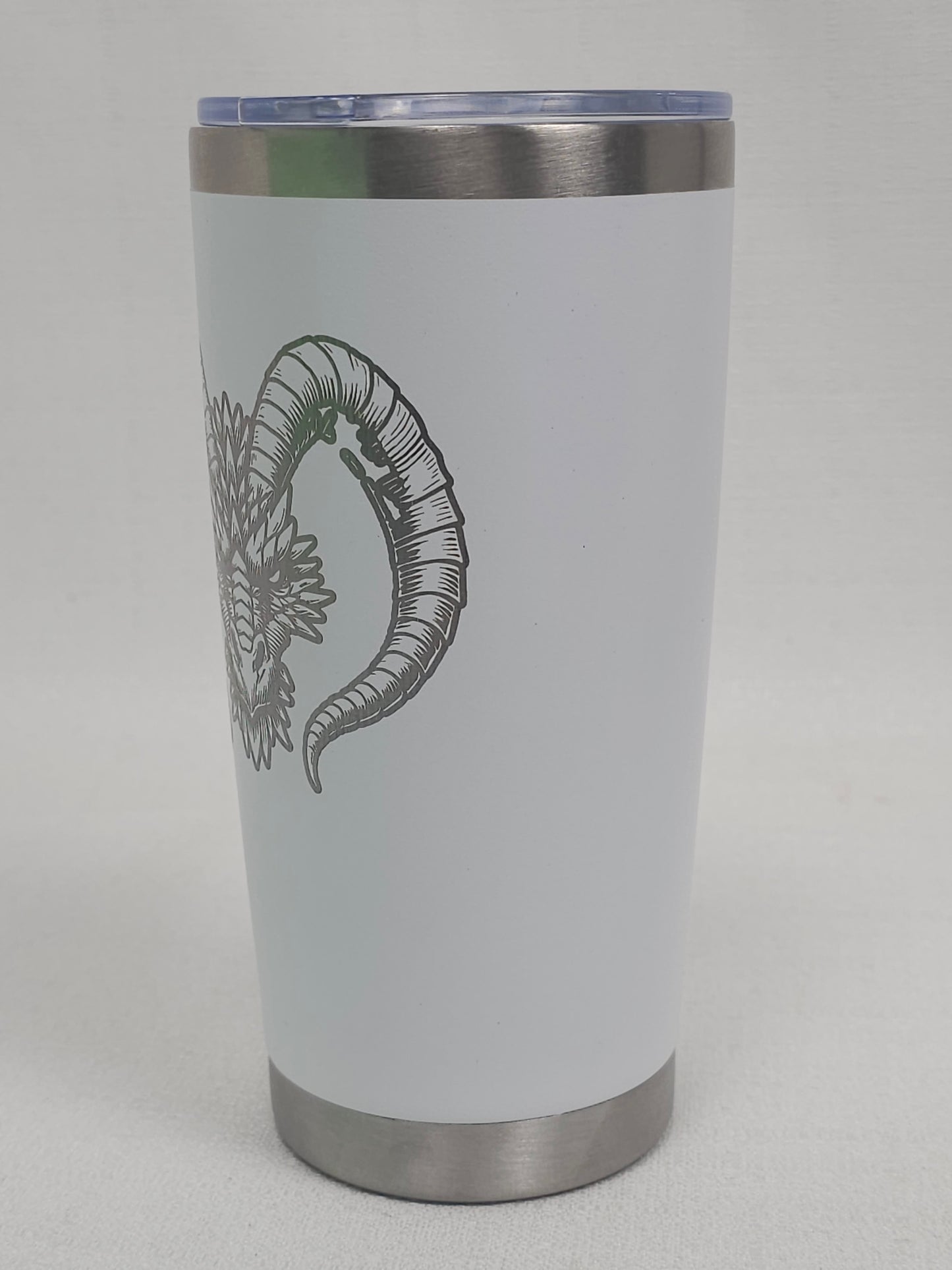 20 oz White Tumbler with Silver Dragon Head Design – Elegant Fantasy Drinkware