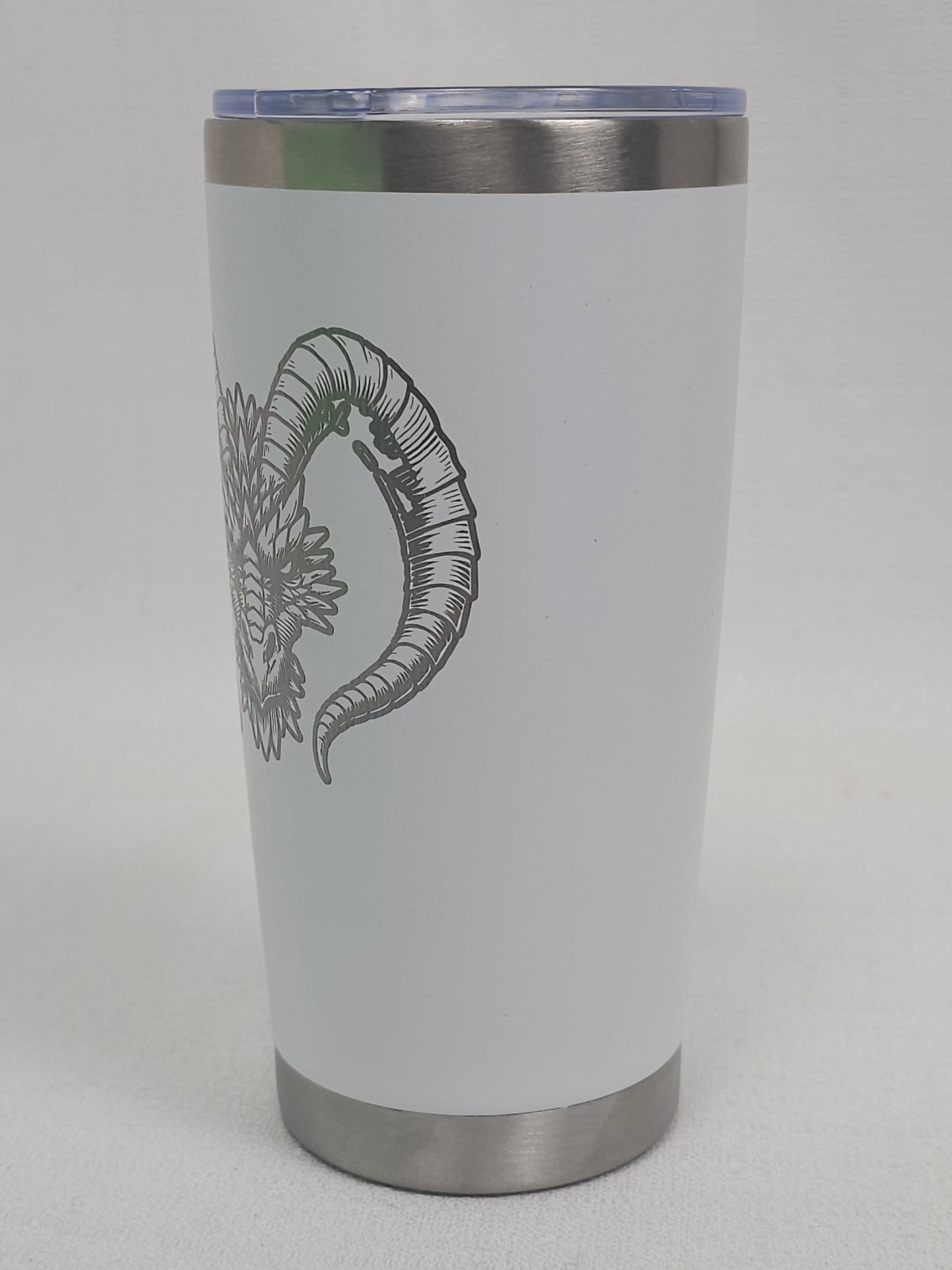 20 oz White Tumbler with Silver Dragon Head Design – Elegant Fantasy Drinkware