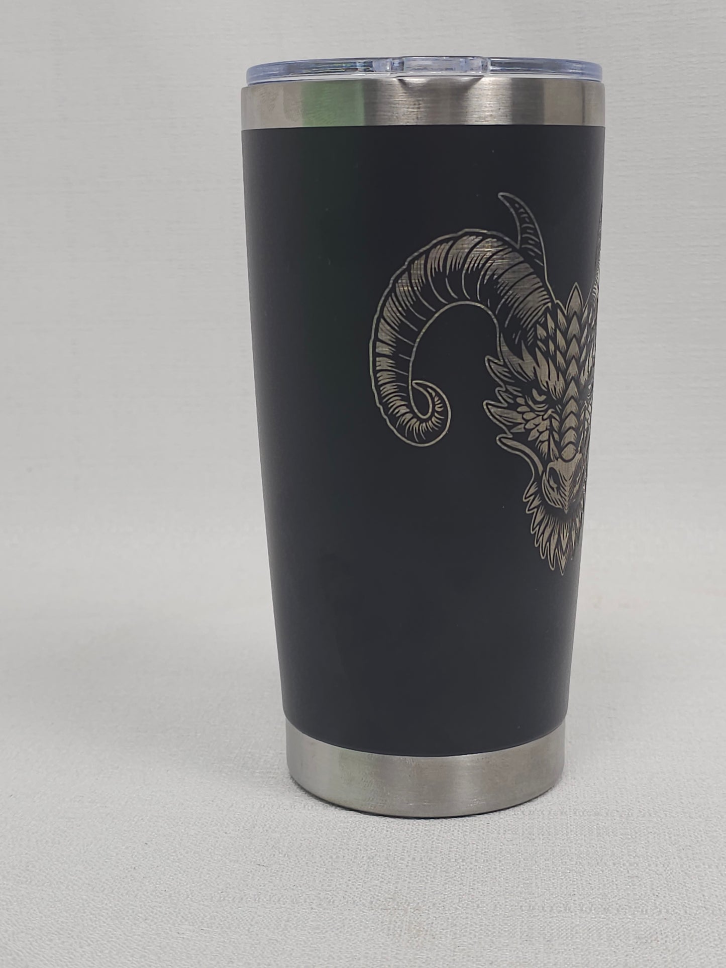 20 oz Black Tumbler with Silver Dragon Head Design - Custom Fantasy Drinkware