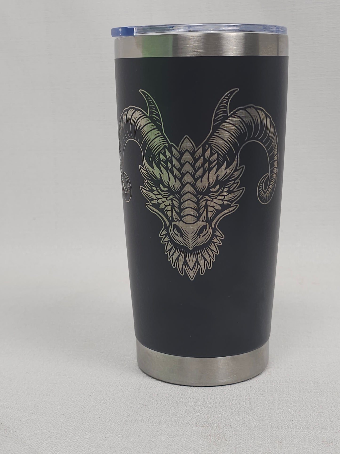 20 oz Black Tumbler with Silver Dragon Head Design - Custom Fantasy Drinkware