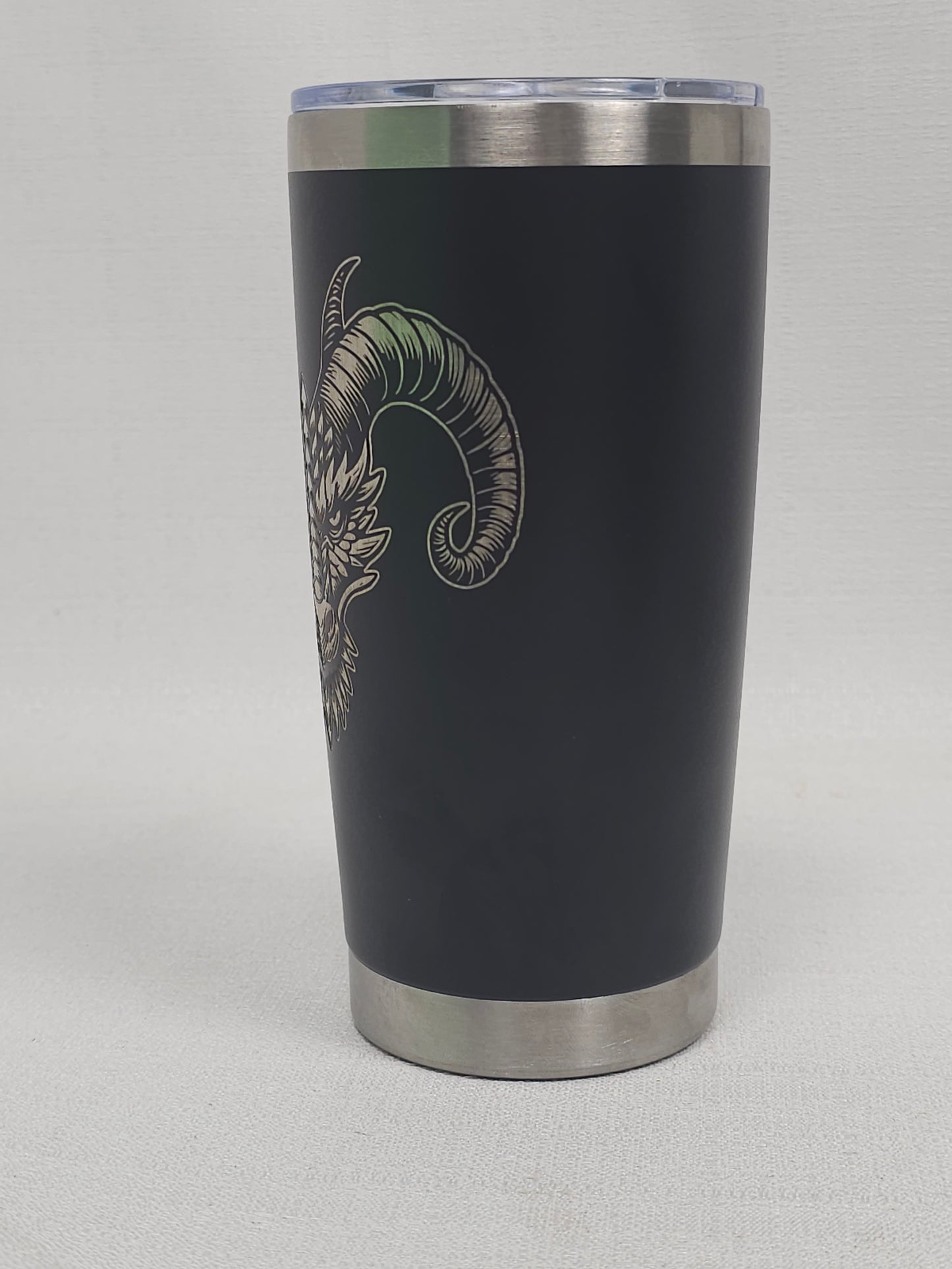 20 oz Black Tumbler with Silver Dragon Head Design - Custom Fantasy Drinkware
