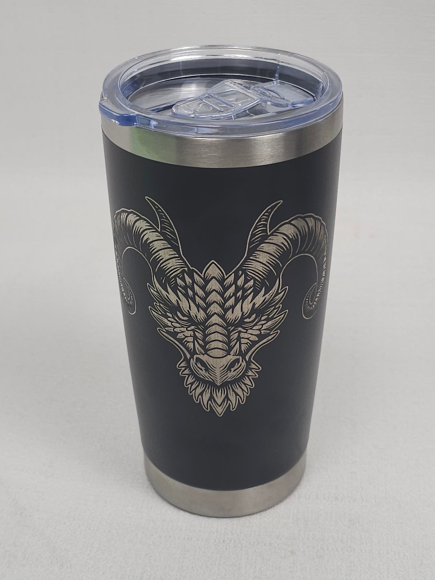 20 oz Black Tumbler with Silver Dragon Head Design - Custom Fantasy Drinkware