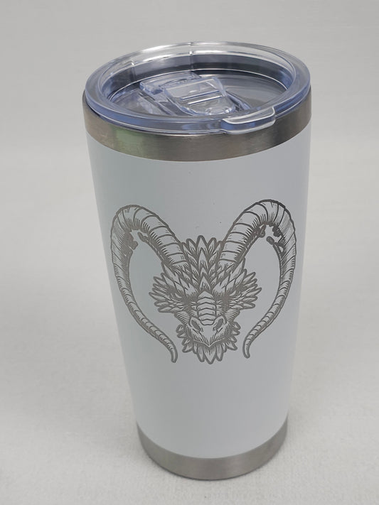 20 oz White Tumbler with Silver Dragon Head Design – Elegant Fantasy Drinkware